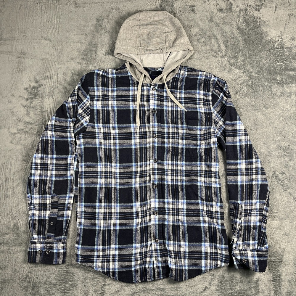 VSTR Hooded Flannel Shirt Mens Medium Multicolor Plaid Button Front Long Sleeve